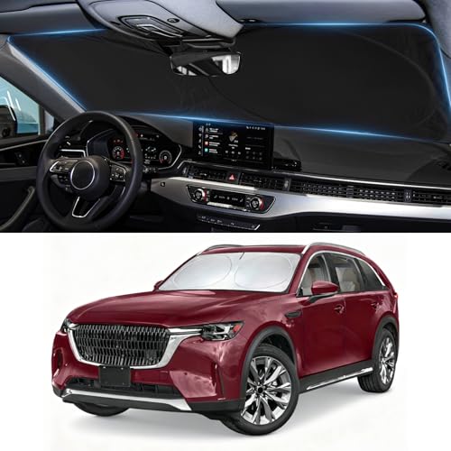 Image of Windshield Sun Shade for 2024 2025 2026 Mazda CX-90 CX90 PHEV, Custom-Fit CX90 Sun Visor Protector, 99% UV Block Heat Sun Shield, Silver Reflective Front Window Sunshade