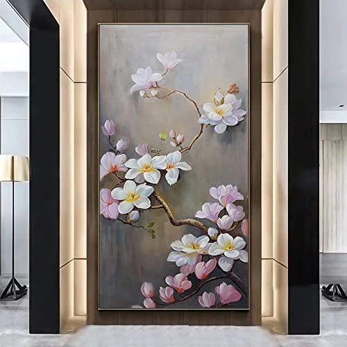 Grand paysage magnolia en peinture à l'huile abstraite, grand format mural vertical sur toile un