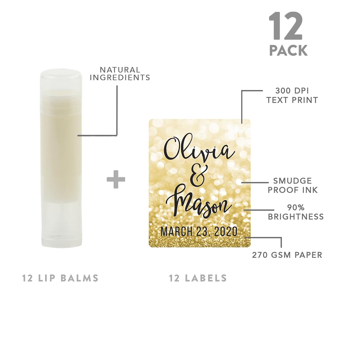 Andaz Press Personalized Bridal Shower Bachelorette Party Lip Balm Party Favors, Faux Gold Glitter Shimmer, Bride's Name and Date, 12-Pack, Custom