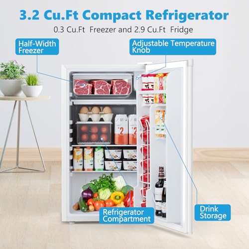 Image of COWSAR 3.2 Cu.ft Mini Fridge with Freezer, Compact Dorm Refrigerator with Reversible Single Door, Adjustable Thermostat, Energy Saving, Perfect for Office, Dorm, Bedroom, Home, White