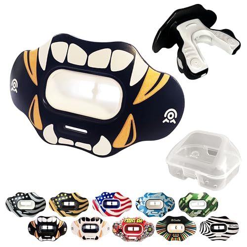 COOLLO SPORTS Lip Guard Mouthguard MAXX/Might Football and High Impact Sports Lip Protector for Adults & Youth (Strap Included) (Golden White Fangs -(Two Layers), with Case (Adult 8+))