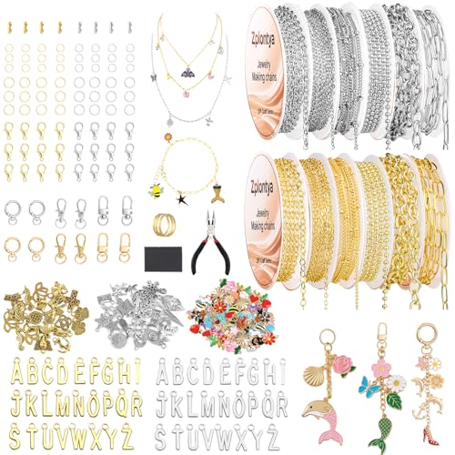 Zplontya 381PCS Necklace Chains for Jewelry Making Kit 18K Gold/Silver