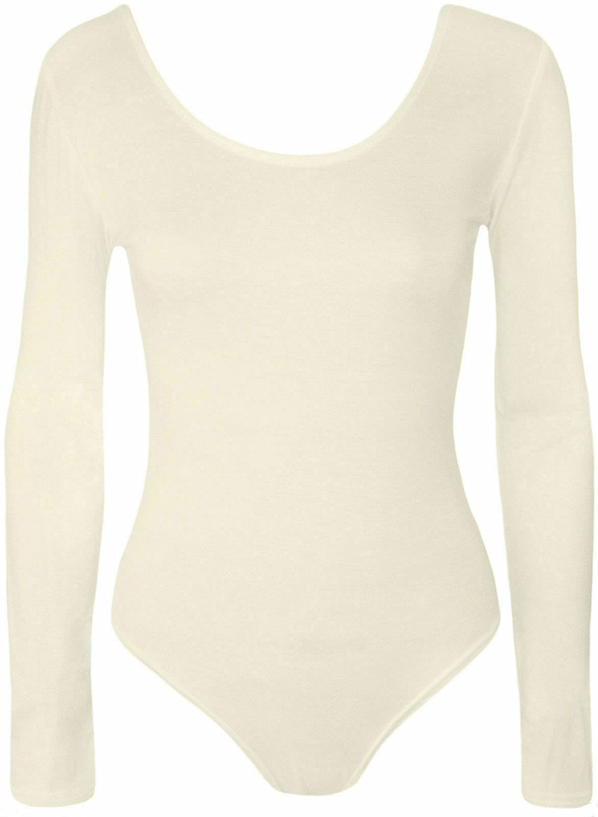 21Fashion Womens Girls Stretch Leotards Ladies Kids School PE Ballet Dance Gymnastics Full Sleeves Bodysuit Cream