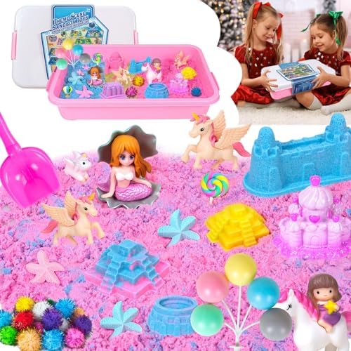 QUANA Sensory Bin Toys,Sandbox Play Sand Set Sensory Bins Magic Sand, Unicorns, Castle Moulds, Mermaid, Tools, Sand Art Kit for Girls Ages 3 4 5 6 7 8 Christmas Birthday Gifts