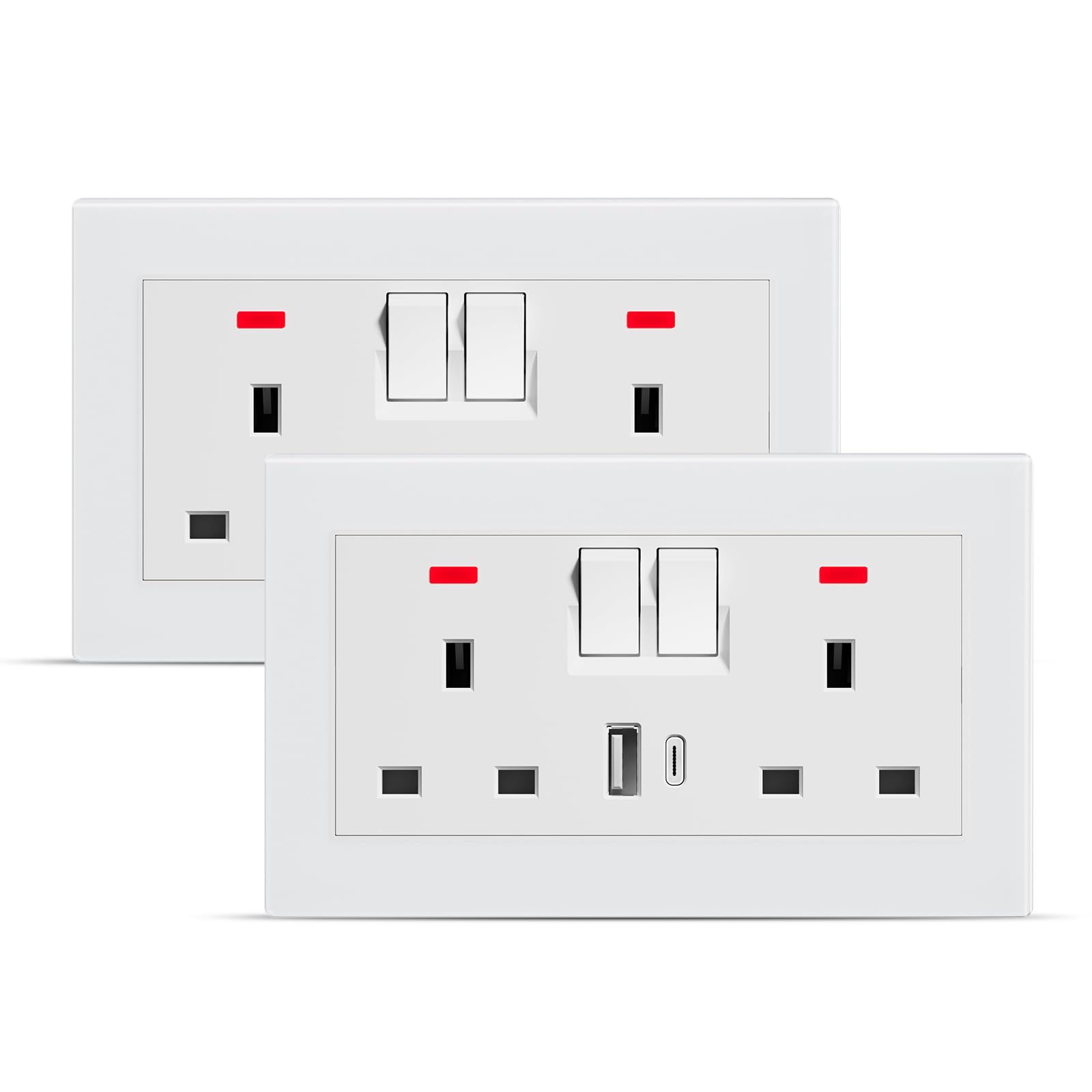 BSEEDLIFE Double Switched Wall Socket,Electric Plug Sockets Outlets with 20W USB/USB-C,13 A,Glass Panel Outlet Compatible with 3 Pin UK Standard Plug,146mm White(2 Pack)