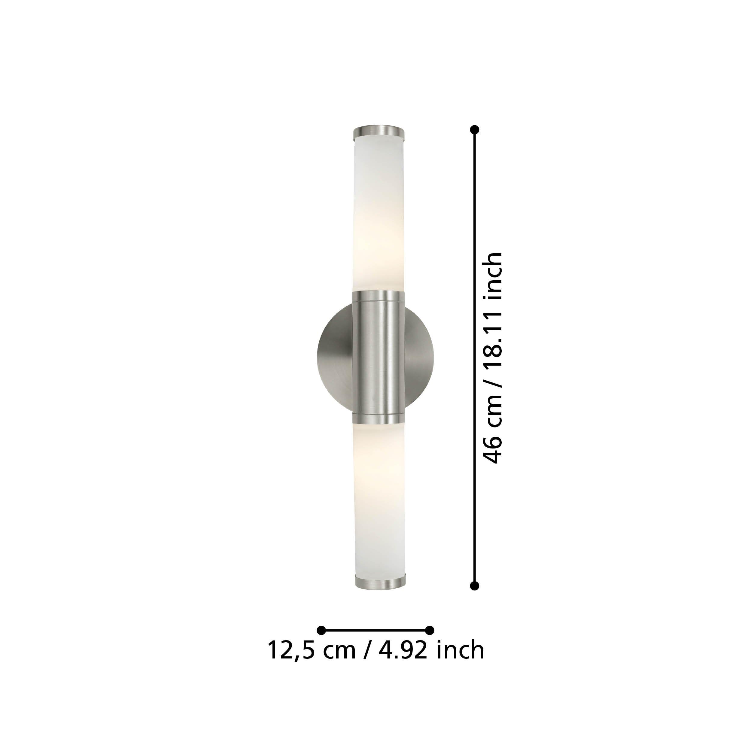 Eglo Palmera Lampada da parete per specchiera a 2 luci, applique in metallo e vetro opalino satinato, lampada da bagno in argento, bianco, lampada a prova di umidità, IP44, E14