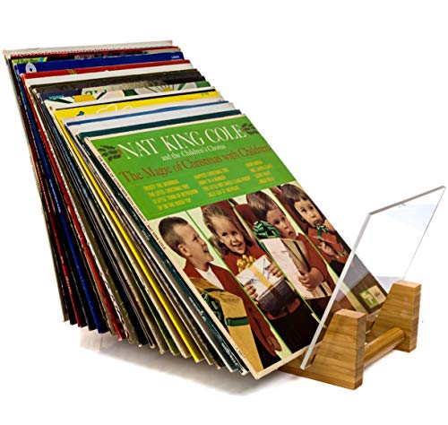 Vinyl Record Storage Holder Display – 50 LP’s Album Stand Rack Premium Bamboo and Acrylic Now Playing Shelf