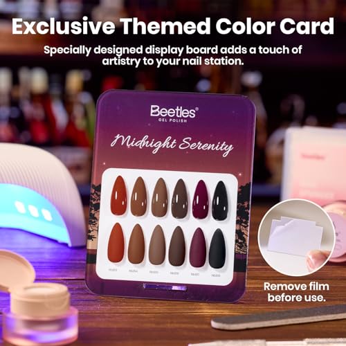 Image of Beetles Brown Gel Polish Set - Midnight Serenity HEMA-FREE Gel Polish Set, 6 Colors 15ML Full Size Mocha Brown Wine Plum Shades, Salon-Quality Long Lasting Soak Off UV LED Nail Gel with Swatch Card