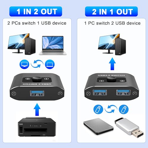 USB 3.0 Switch, Bi-Directional USB Switch 1 in 2 Out/2 in 1 Out, USB Switcher 2 Computers Sharing Devices Like for Printer, Keyboard, Scanner, Mouse, USB KVM Switch Compatible with Mac/Win/Linux