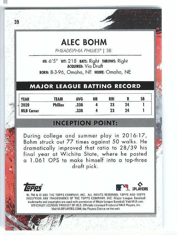ALEC BOHM 2021 Topps Inception #39 GREEN PARALLEL Baseball Rookie Card RC Philadelphia Phillies