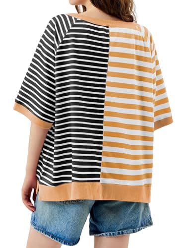 Tankaneo Womens Oversized Color Block Striped T-Shirts Summer Casual Short Sleeve Tops Trendy Loose Fit Crew Neck Tees Brown — view 5