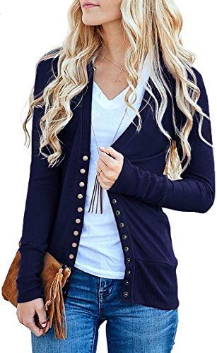 VERABENDI Women Long Sleeve Snaps Button Down V Neck Cute Knit Sweater Cardigan (Large, Navy)