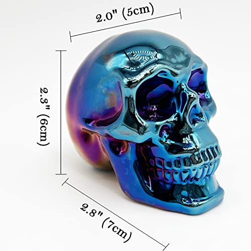 Fzbhro Crystal Skull Head Statues Unique Skull Figurines K9 Glass Skull Gemstone Halloween Decor Gifts For Women Plating Metallic Blue 2.8" #TOP1