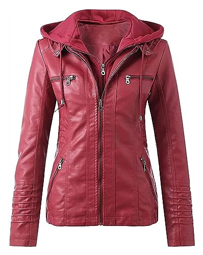 Veste en simili cuir femme avec poche zippée et capuche coupe ajustée coupe-vent