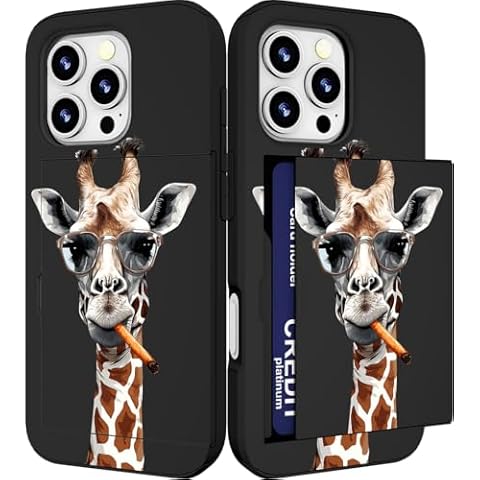 IWONE Compatible with iPhone 16 Pro Case Cute with Card Holder Shockproof Slim Slot Phone 16 Pro Wallet Cases/Portrait of Giraffe in Glasses Smoking Animal Cool Cover
