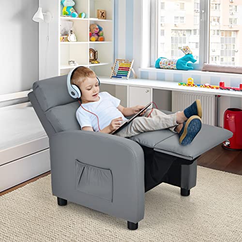 Image of Costzon Kids Recliner, Adjustable PU Leather Lounge Chair w /Side Pockets, Footrest, Headrest for Kids Room & Play Room, Easy to Clean, Padded Recliner Sofa for Children Boys Girls Aged 3-12 (Grey)