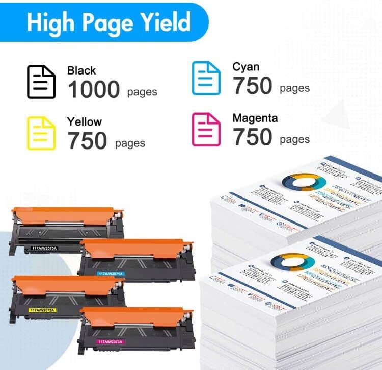 4-Pack Compatible 117A Toner Cartridge Replacement for HP 117A 117 W2070A W2071A W2072A W2073A Color Laser MFP 179fwg 178nwg 179fnw 178nw 150a 150nw 179 178 150 Ink (Black Cyan Yellow Magenta)