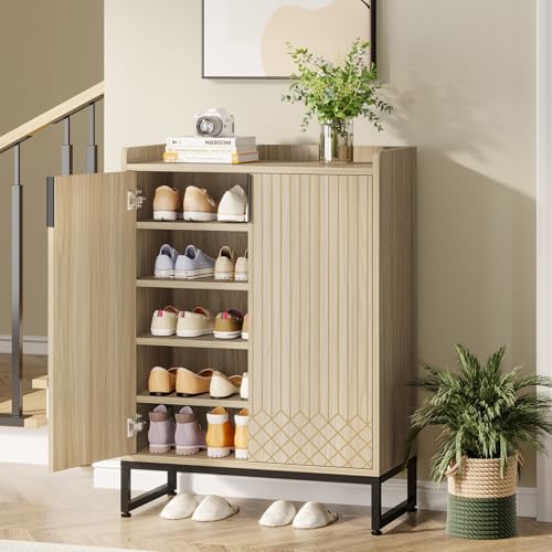 Image of Tribesigns Shoe Cabinet with Doors,Natural 5 Tiers Shoe Storage Cabinet for Entryway, 25 Pairs Wooden Shoe Rack Cabinet, Modern Shoe Organizer Storage for Living Room, Bedroom, Hallway, Closet