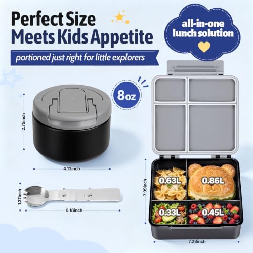 Image of MAXSO Bento Lunch Box Set for Kids with 8 oz Soup Thermo, Leakproof Hot Food Container with 4 Compartments, Insulated Food Jar for Toddler Daycare Boys Girls School - Black