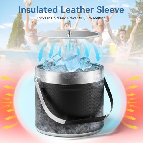 3.2 L Insulated Ice Bucket with Lid & Tongs & Scoop & Melt Filter, Champagne Bucket, Double Wall Stainless Steel Ice Bucket with Leather Case, Suitable for Cocktails & Wine & Beer - Image 5