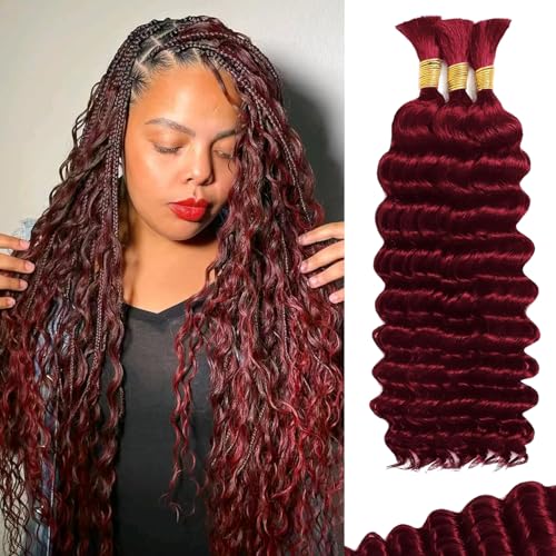 Afihond Human Braiding Hair For Boho Braids Deep Water Wave Human Bulk Hair for Braiding 12A Brazilian Virgin Human Hair Extensions for Boho Braids 3 Bundles/Pack 110g 99J Red Burgundy 14inch