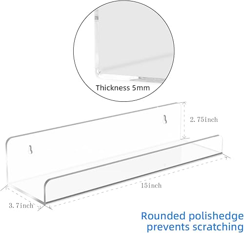 Miniatura 3 de HESIN Estante de acrílico para libros, estantes de exhibición flotantes de pared, estantes invisibles de especias de 0.197 in de grosor, 2 paquetes