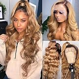 150% density 13x6 Ombre Honey Blonde Lace Front Wigs with Natural Black Roots Human Hair Body Wave Lace Frontal Wig Real Hair for Women Ombre Honey Blonde HD Transparent #1B27 Curly Wave 24 Inch