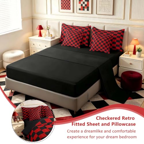 Image of Feelyou Checkered 7 Piece Bedding Set Teen Red Black Plaid Comforter Set with Sheets Full Size Kids Boys Cute Retro Neutral Checkerboard Geometric Bed in a Bag Vintage Aesthetic Room Decor