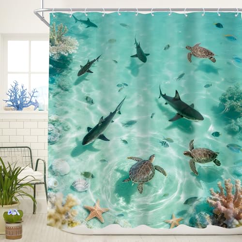 Cinbloo Sea Turtle Shark 72Wx72H Shower Curtain Teal Turquoise Ocean Beach Cute Sealife Cute Underwater Animal Seaside Nature Nautical Bathroom Curtain Set Kids Bath Bathroom Accessories Decor