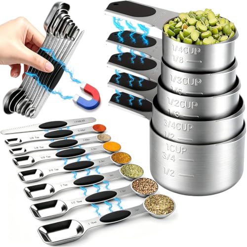 Magnetic Measuring cups and spoons Set, 304 Stainless Steel 5 Magnetic Measuring Cup and 8 Double Sided Measuring Spoons with 1 Leveler，Kitchen Gadgets for Cooking & Baking by Lingsheng - Used condition - US$23.72