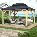 13x15FT Wood Gazebo,Outdoor Wooden Hardtop Gazebo with Galvanized Steel Doule Roof,Cedar Wood Frame Gazebos Patio Backyard Deck