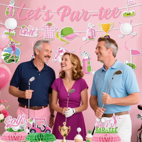 Image of Pink Golf Party Decorations - 11PCS Golf Birthday Decorations Lets Partee Banners Hanging Swirls Honeycomb Centerpieces Sport Themed Party Birthday Decor Supplies for Women Girls
