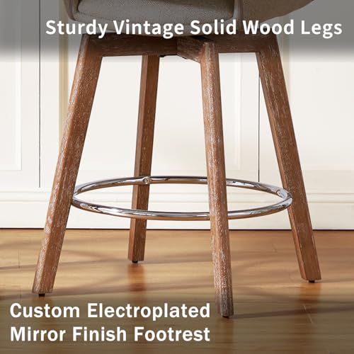 Butacos giratorios de altura para barra, set de 3 unidades color arena, patas de madera maciza, asiento acolchado en tela, ideales para islas de cocina y bares domésticos miniatura 7