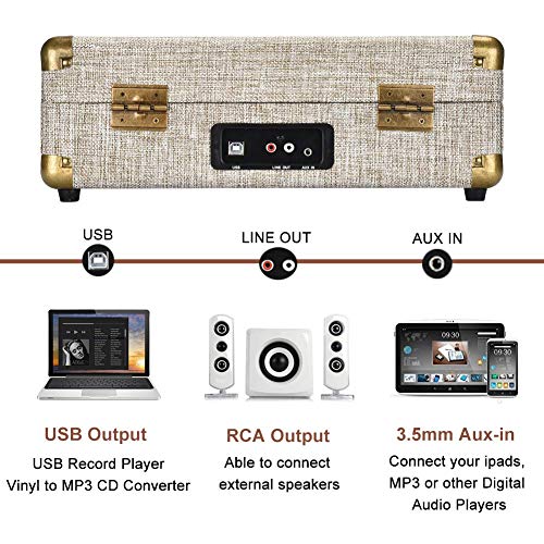 Vinyl Record Player, Skevono 3 Speed Portable Suitcase Turntable, Bluetooth Vintage Record Player With 2 Built-In Speakers, Supports Rca Output Headphone Jack Phone Music Playback (Light Beige Linen) #TOP4
