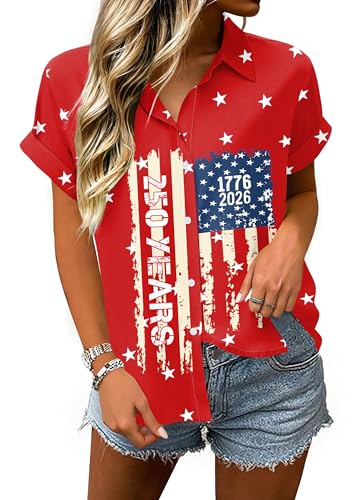 NQIQO 250 Years American Anniversary Shirt 1776 USA Flag Shirt Women 4th of July Patriotic Hawaii Button Down Tshirt Gifts Red L