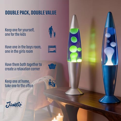 Image of JAMBO 16 inch Beautiful Motion Lamp - Double Pack - Blue with Yellow /Green Wax and Blue with White Wax, Relaxing Liquid Night Light for Adults, Teens, Kids
