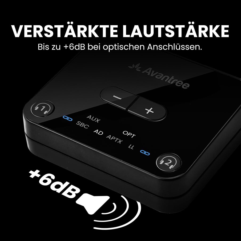 Avantree Audikast 3 - Bluetooth 5.3 Transmitter Sender für TV mit Optischem oder AUX-Audioausgang, aptX-Adaptive, Dual Link für 2 Kopfhörer und 30 Meter Reichweite