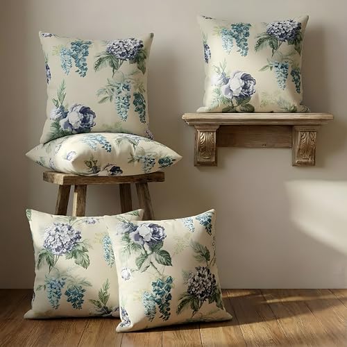Image of Clasiko Cotton Cushion Covers 12x12 - Set of 5 Decorative Cushion Covers, Blue Bloom, Soft Cotton, Hidden Zip, Sofa & Bedroom Decor