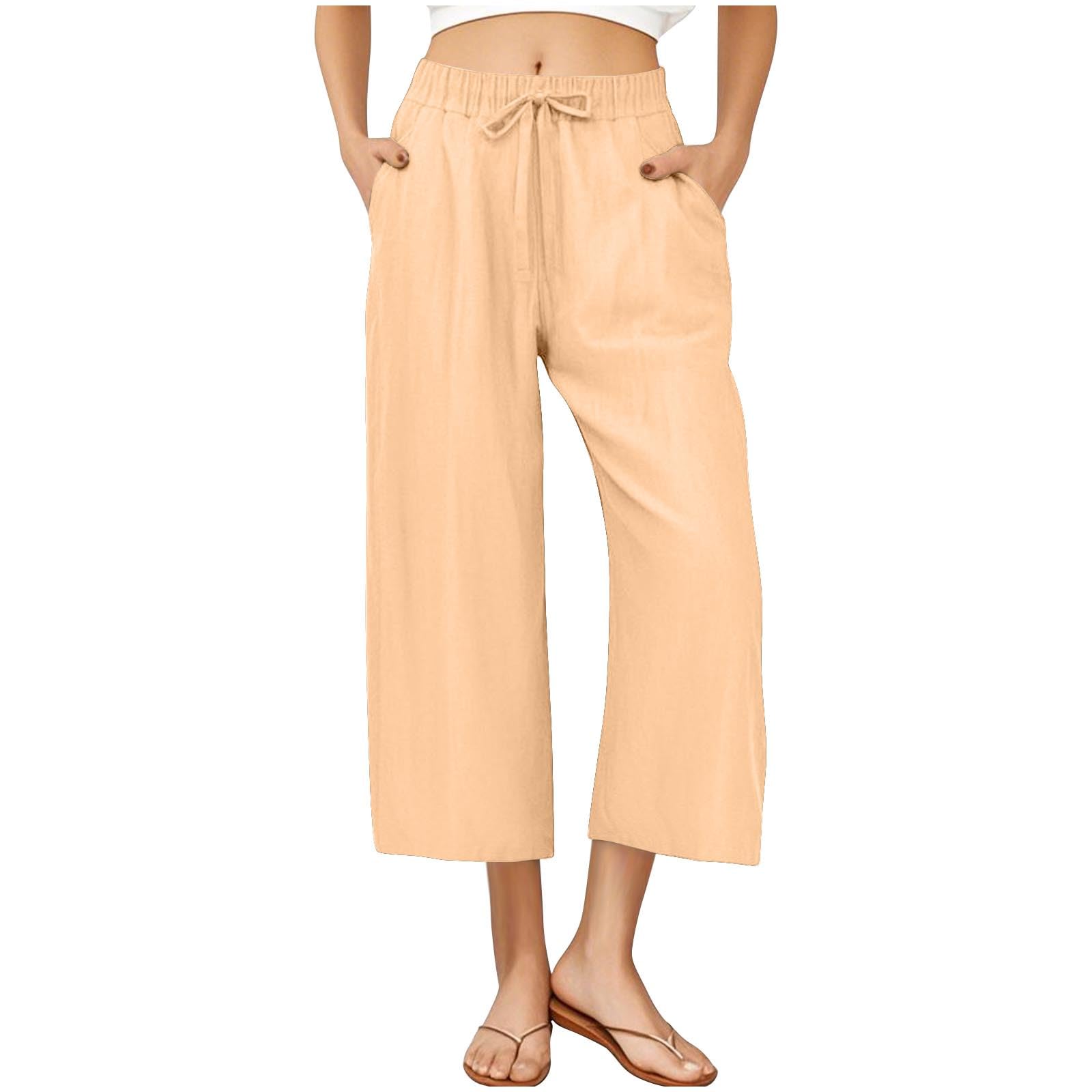 RLEHJN Damen Hosen,Weite Lose Gerade Geschnitten Palazzo Hose Hohe Taille Dehnbar Lounge Elegante Freizeithose Einfarbig Jogginghose Sommer Strandhose Freizeithose Stoffhose mit Tunnelzug und Taschen