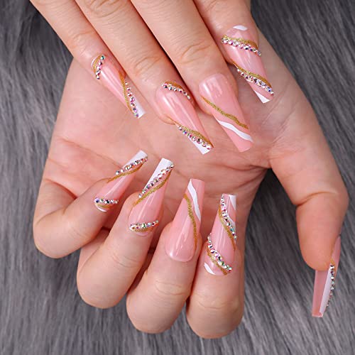 Kikmoya Extra Long Coffin Press On Nails, Crystal Luxury Nails With Rhinestones, Pink White Gold Wave Glitter, 24Pcs Glossy False Nails Fake Tips, Finger Manicure For Women And Girls (K37) #TOP2