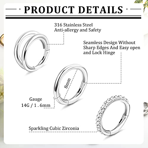 LOLIAS Belly Button Rings, Surgical Steel Hoop Navel Rings, Gold Silver Tone, CZ, 3Pcs3