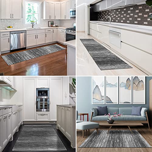 Amida 3X5 Rugs For Entryway Grey Non Skid Machine Washable - Abstract Stripe Design - Flat Weave - Easy Care Dog Friendly - Living Room Area Rug 3X5 Gray Charcoal For Home Indoor Floor #TOP6