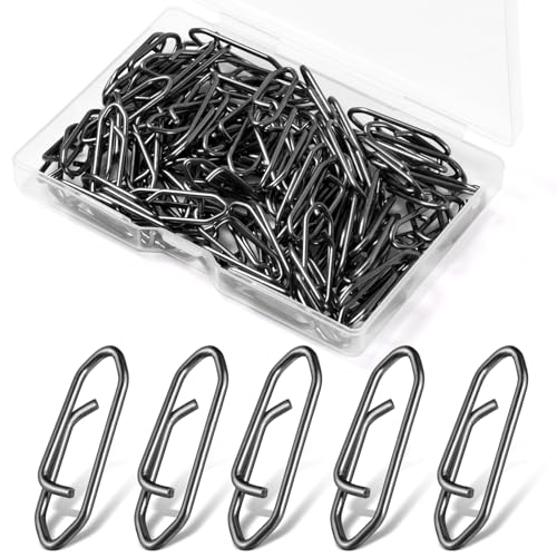 VEPEPE 100 Piezas de Alta Resistencia Pesca Snaps, Negro Abierto Snap Pesca Set con Caja, 3 Tamaños Trucha Mosquetón Snaps Acero Inoxidable, Cambio Rápido para Swivel Line Lure (100, L)