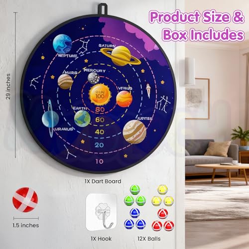 Image of Kidology 29 Inch Space Dart Board Game for Kids - Large Safe Sticky Ball Dart Board with 12 Sticky Balls, Indoor Outdoor Educational Dartboard Toy for Boys & Girls, Fun Party Game & Learning Gift