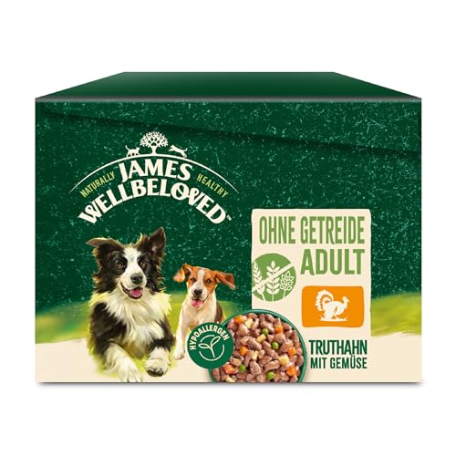 James WELLBELOVED 12 x 90g Hund Portionsbeutel Nassfutter ohne Getreide, Truthahn & Gemüse in Sauce