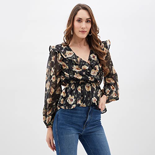 Image of Kibo Women's Black Floral Print Long Sleeve Ruffle Top