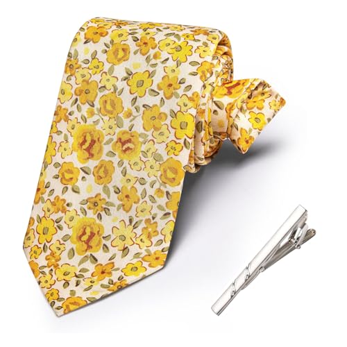 Image of Barry.Wang 100% Cotton Floral Ties for Men 63 inch Extra Long Necktie Clip | Fashion Cotton Printed Neckties,Wildflower 2.76 inch Ties Skinny,Gift Box,Groomsmen Wedding‌ Engagement Graduation