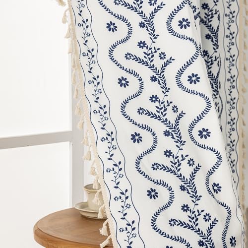 Image of Boho Curtains 63 Inch Long for Living Room, Bedroom, 2 Panels Floral Farmhouse Vintage Tassel Semi Sheer Light Filtering Privacy Window Curtain Drapes with Rod Pocket, Navy