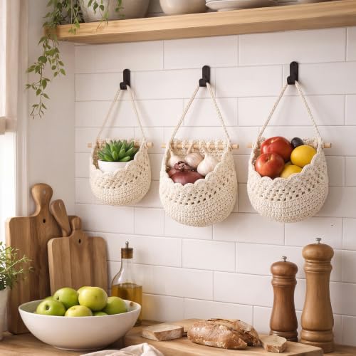 Image of Honeydak 3 Hanging Baskets, White, Lace, Cotton Rope