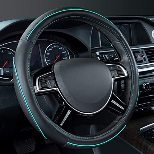 Car Pass Colour Piping Leather Universal Fit Steering Wheel Cover,Perfectly fit for 14.5-15 inches for Various Vehicles SUVs,Vans,Sedans,Cars (Black & Mint) by CAR PASS - Used condition - US$11.19